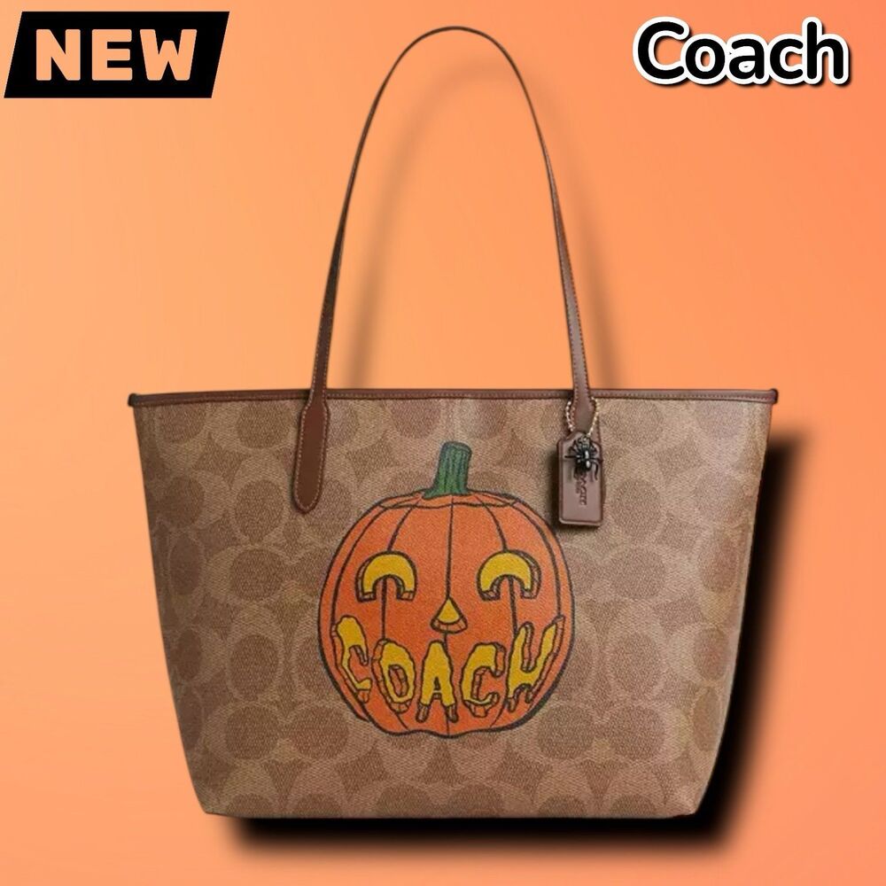 🔴NEW NWT – Coach City Tote Bag in Signature Canvas with Halloween Pumpkin Print